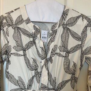 LOFT Cream and Black Leaf Pattern Midi Dress